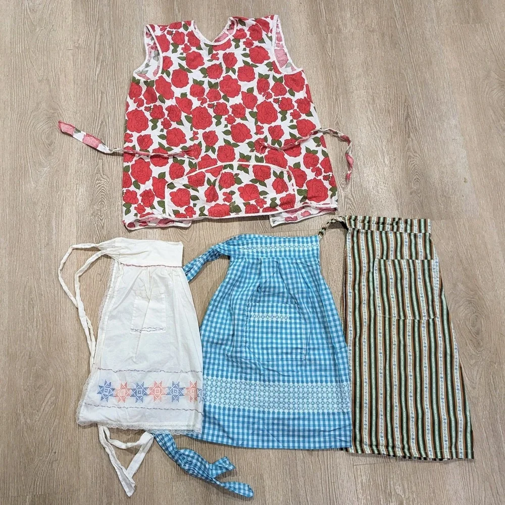 Vintage Cobbler Half Apron Lot of 4 1960s Floral Gingham Embroidered Cottagecore